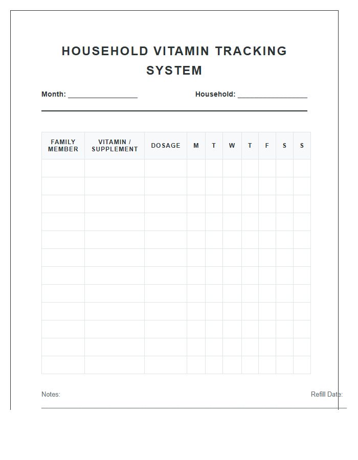Household Vitamin Tracking System Chart Printable