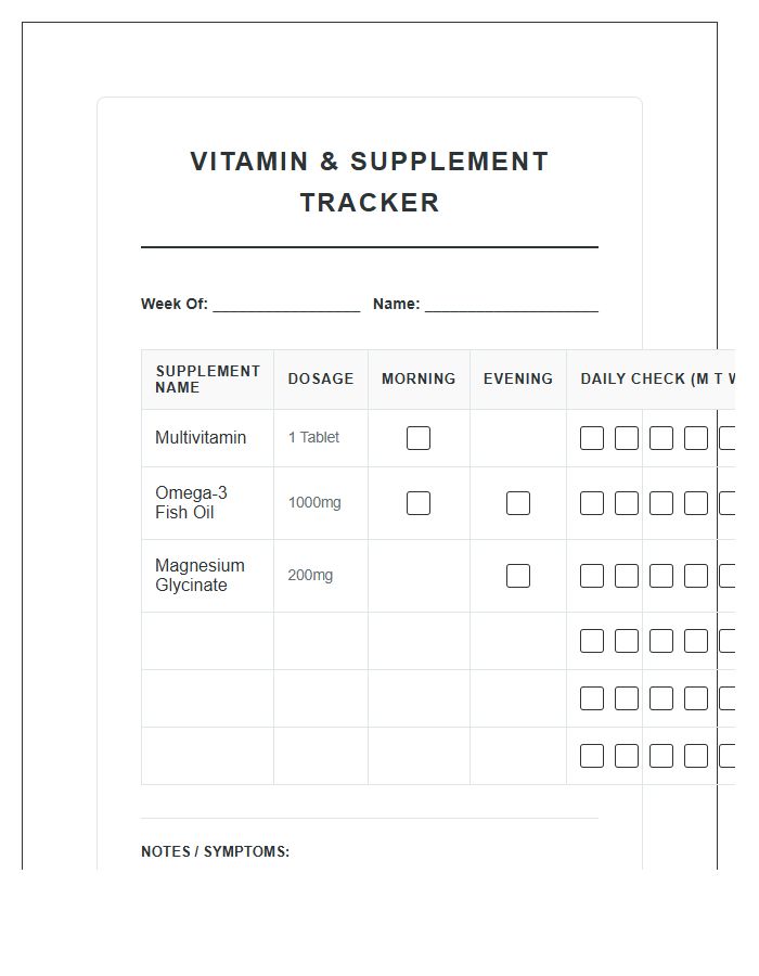 Morning Evening Vitamin Intake Chart Printable