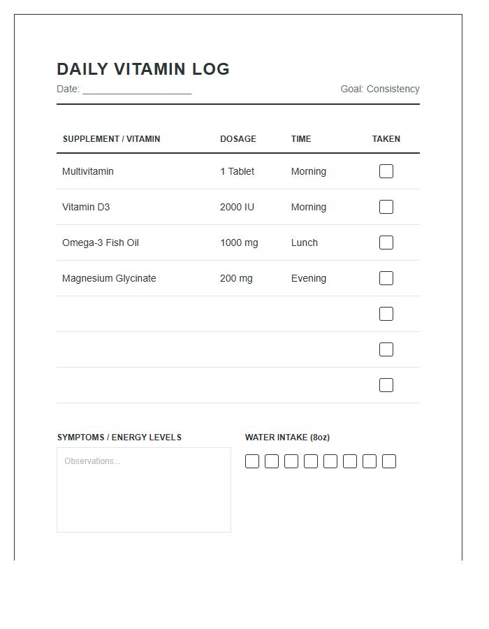 Printable Daily Vitamin Intake Tracking Chart