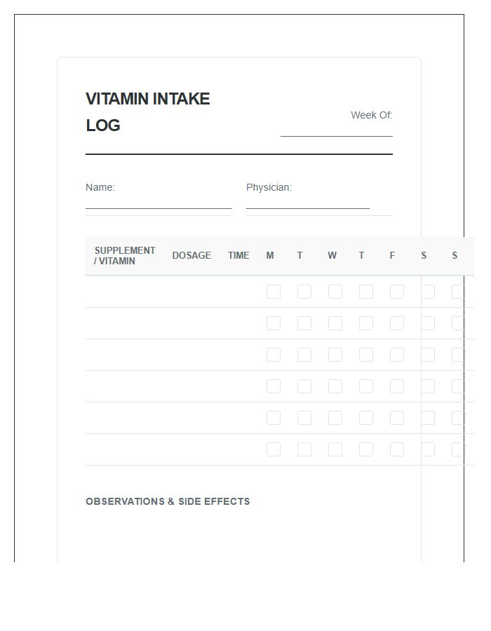 Professional Vitamin Intake Log Chart Printable