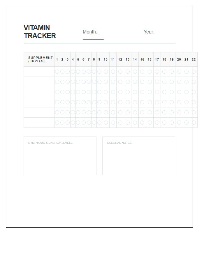 Vitamin Compliance Tracking Sheet Chart Printable