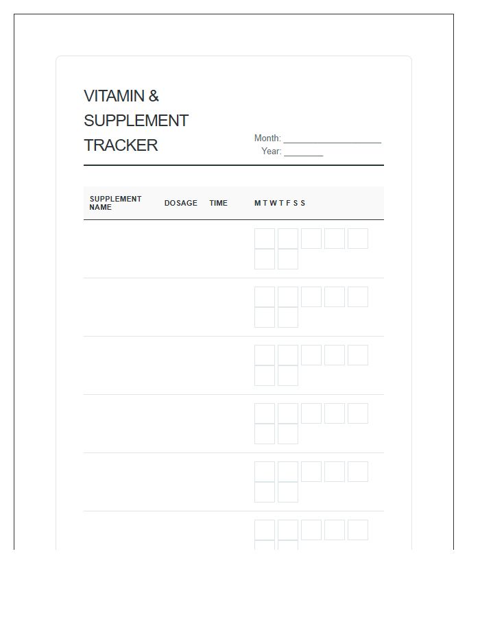 Vitamin Dosage Monitoring Tracking Chart Printable