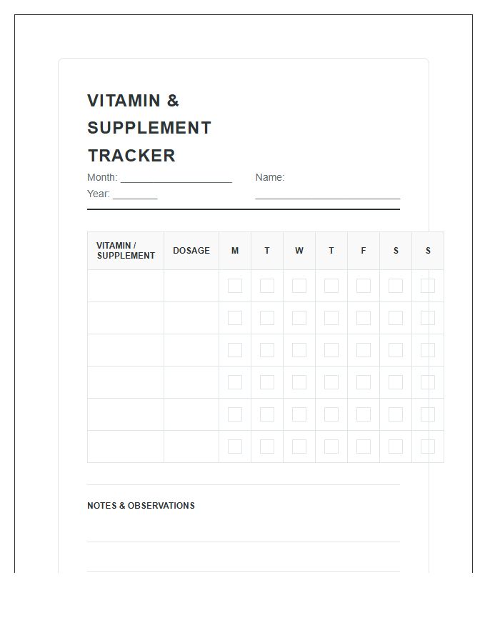 Vitamin Management Tracking Tool Chart Printable