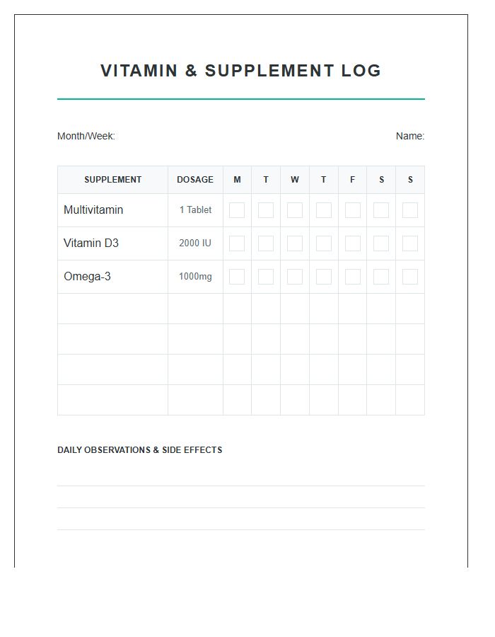Vitamin Supplement Log Checklist Chart Printable