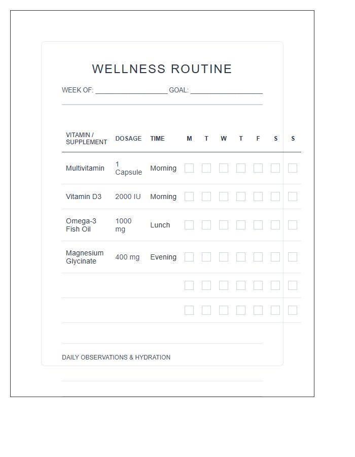 Wellness Routine Vitamin Intake Chart Printable