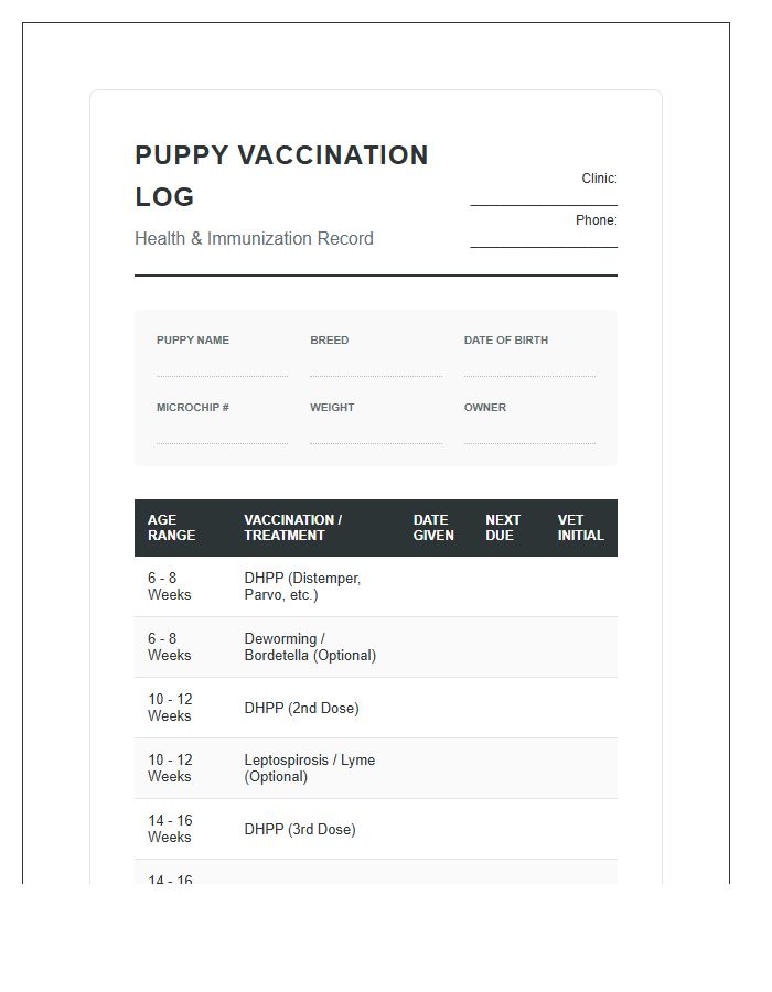 Detailed Puppy Vaccination Log Reminder Chart Printable