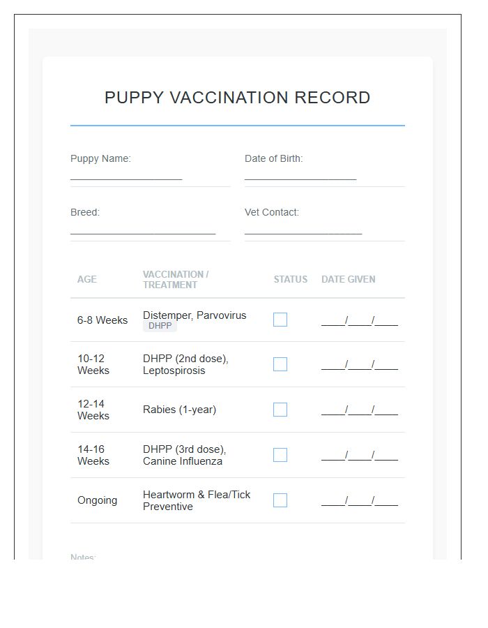 Newborn Puppy Shot Reminder Chart Printable Checklist