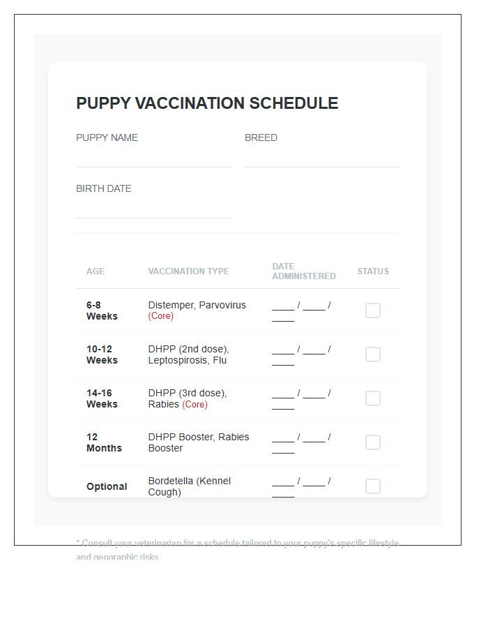 Organized Puppy Vaccination Schedule Reminder Chart Checklist