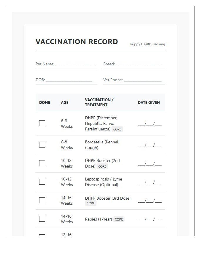 Printable Puppy Vaccination Schedule Reminder Chart Checklist