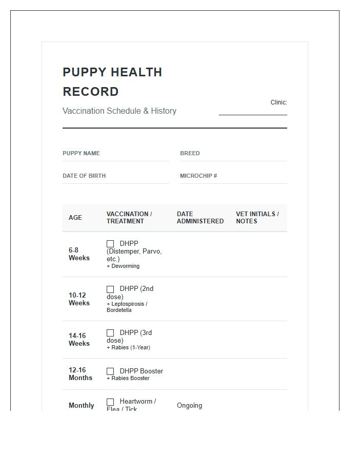 Puppy Health Record Vaccination Schedule Printable Chart