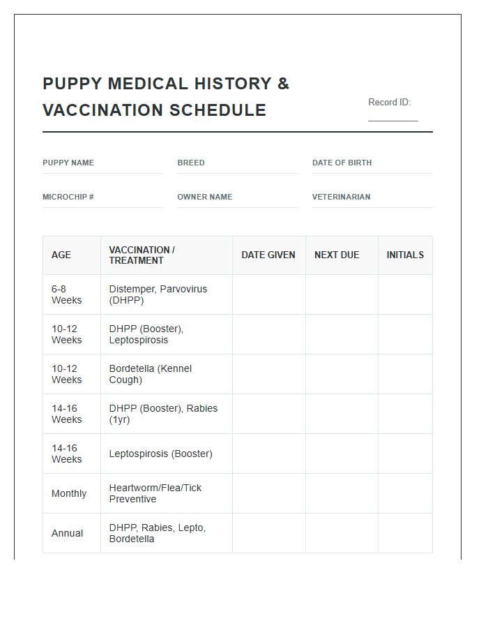 Puppy Medical History Vaccination Schedule Printable Chart