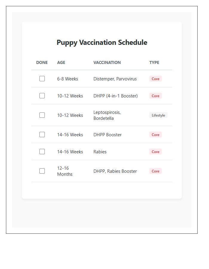 Standard Puppy Vaccination Schedule Reminder Chart Checklist