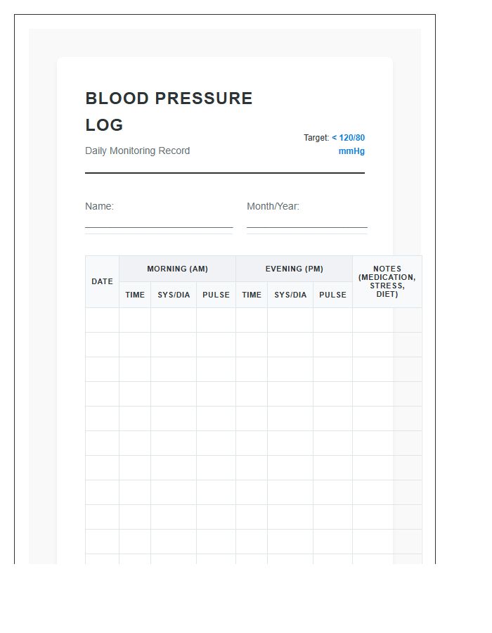 Accurate Daily Reading Blood Pressure Monitoring Record Chart Printable