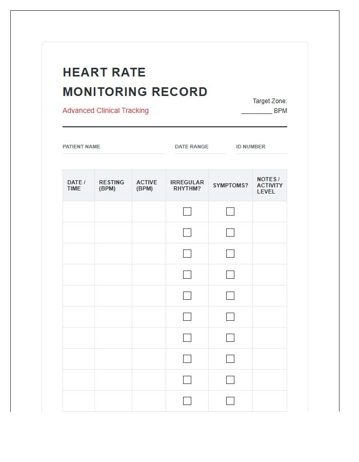 Advanced Heart Rate Monitoring Record Chart Printable Checklist