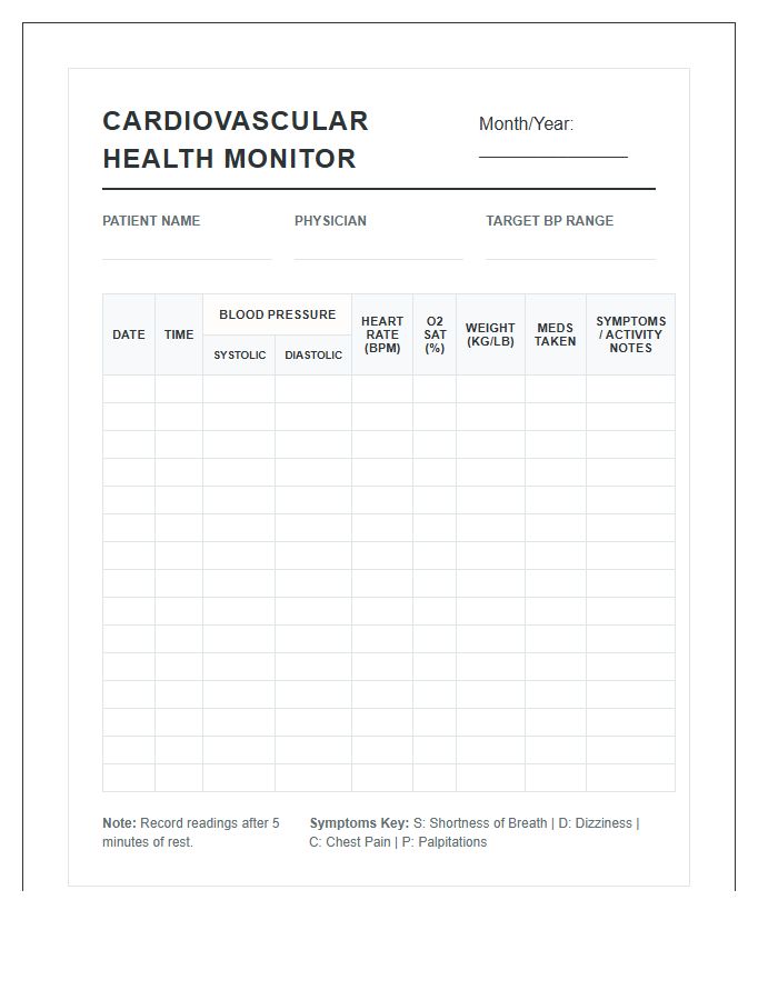 Detailed Cardiovascular Health Monitoring Record Chart Printable