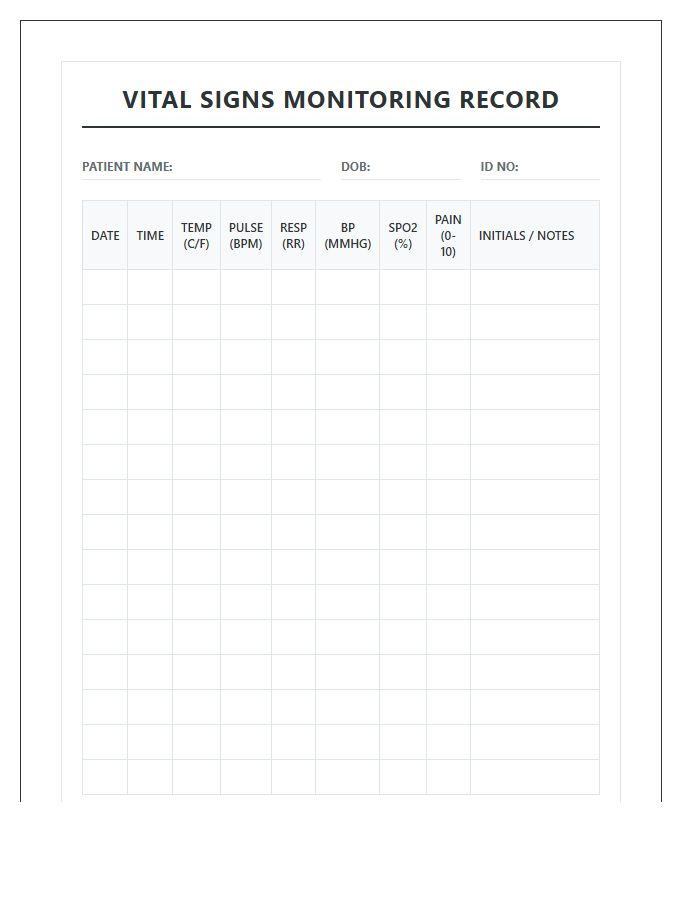 Essential Vital Signs Monitoring Record Chart Printable Format