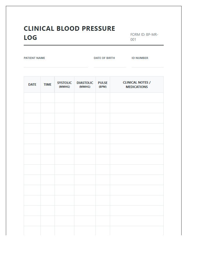 Formal Clinical Blood Pressure Monitoring Record Chart Printable