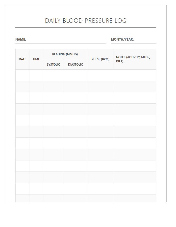 Printable Daily Blood Pressure Monitoring Record Chart Log