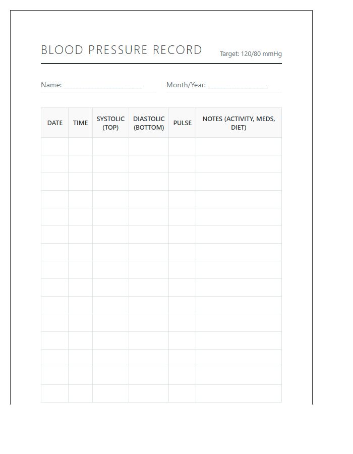 Printable Family History Blood Pressure Monitoring Record Chart