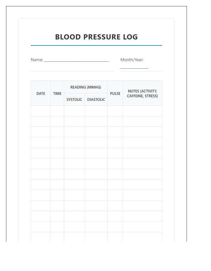 Printable Home Health Blood Pressure Monitoring Record Chart