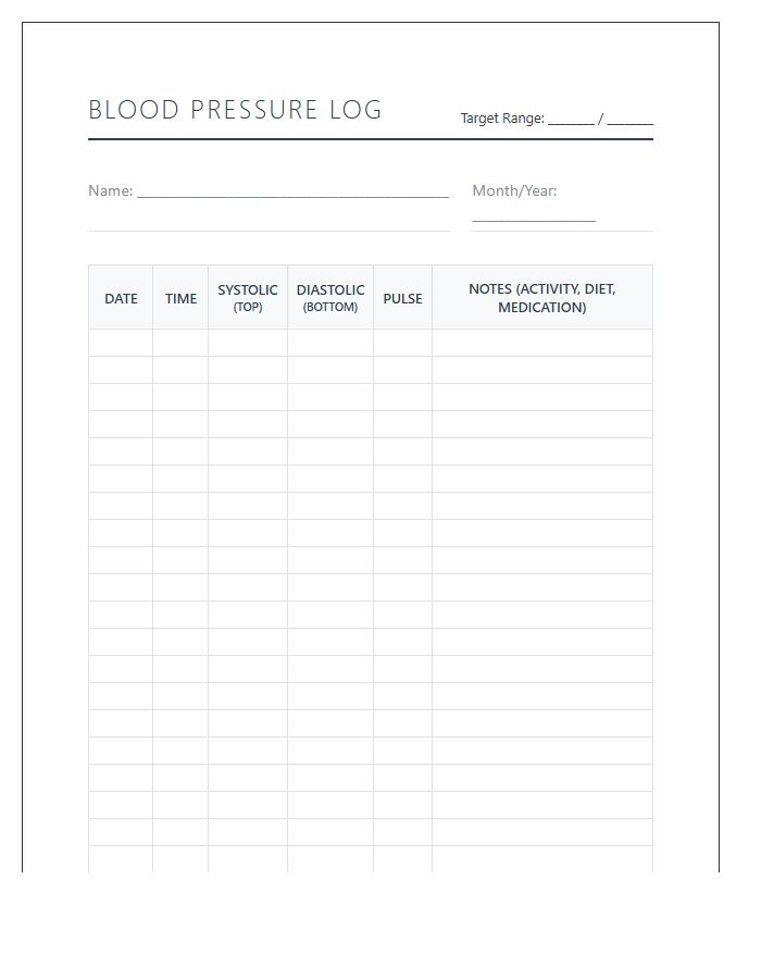 Printable Long Term Blood Pressure Monitoring Record Chart