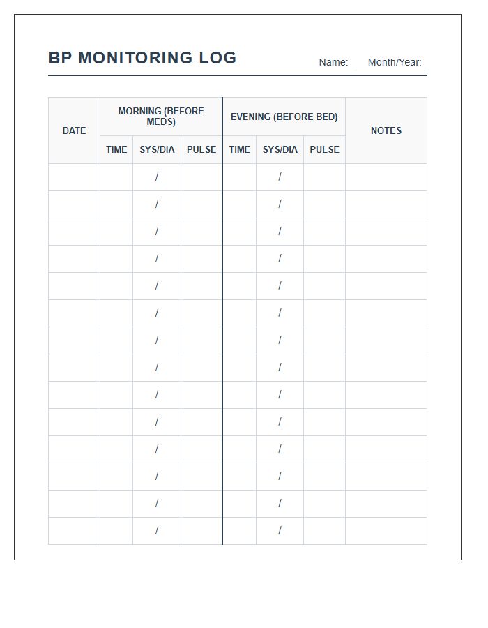 Printable Morning And Evening Blood Pressure Monitoring Record Chart