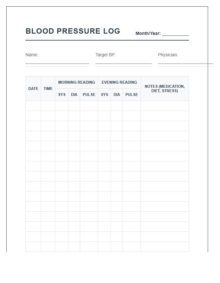Printable Personal Health Blood Pressure Monitoring Record Chart