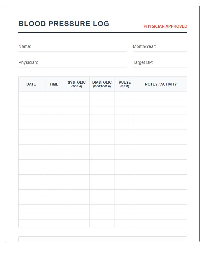 Printable Physician Approved Blood Pressure Monitoring Record Chart
