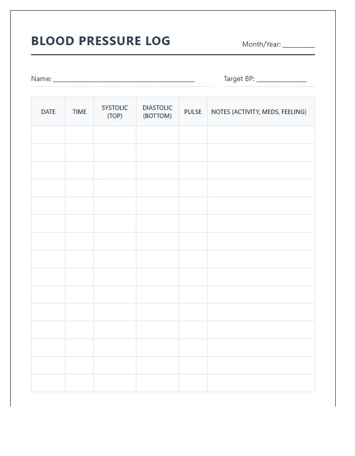 Printable Senior Citizen Blood Pressure Monitoring Record Chart