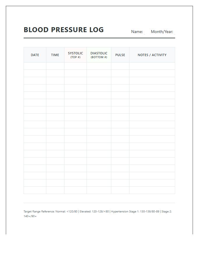 Printable Systolic And Diastolic Monitoring Record Chart Tracker