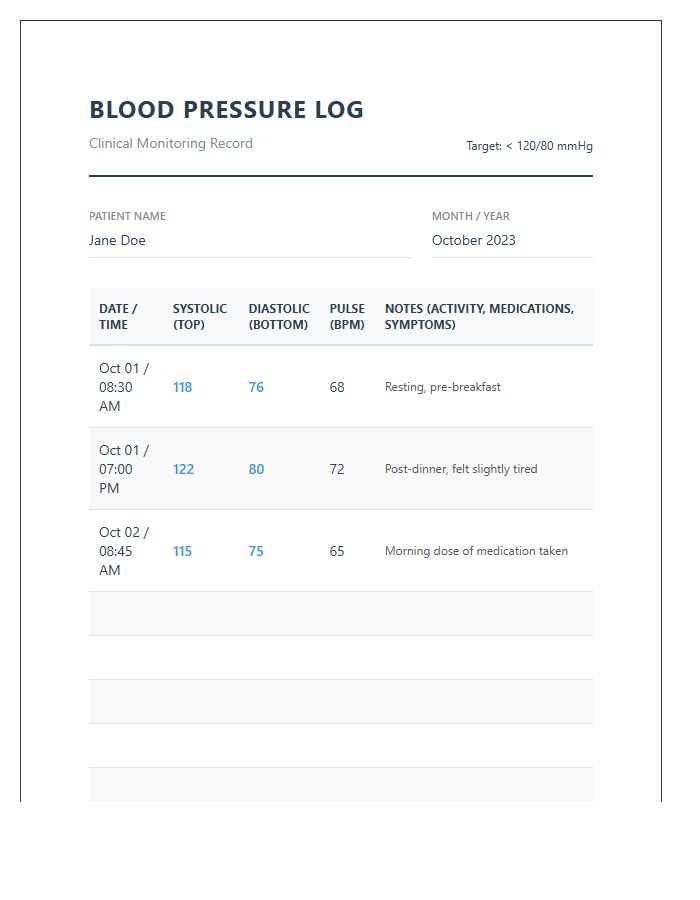 Professional Medical Blood Pressure Monitoring Record Chart Printable