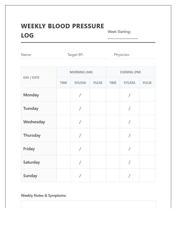 Weekly Blood Pressure Monitoring Record Chart Printable Sheet