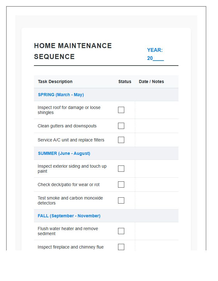 Annual Home Maintenance Inspection Sequence Printable Chart