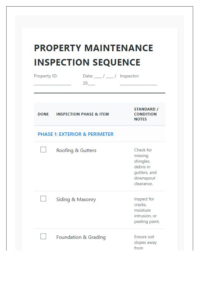 Complete Property Maintenance Inspection Sequence Printable Chart