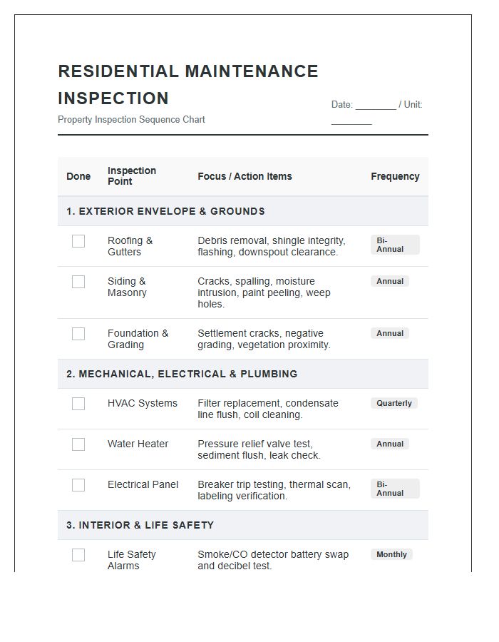 Comprehensive Residential Maintenance Inspection Sequence Printable Chart