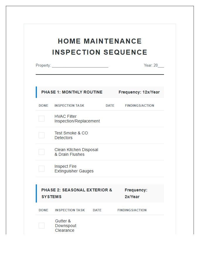 Essential Home Maintenance Inspection Sequence Printable Chart