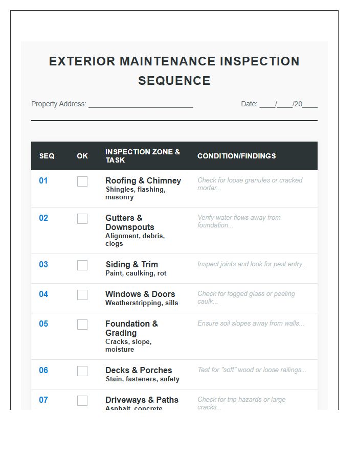 Exterior Home Maintenance Inspection Sequence Printable Chart