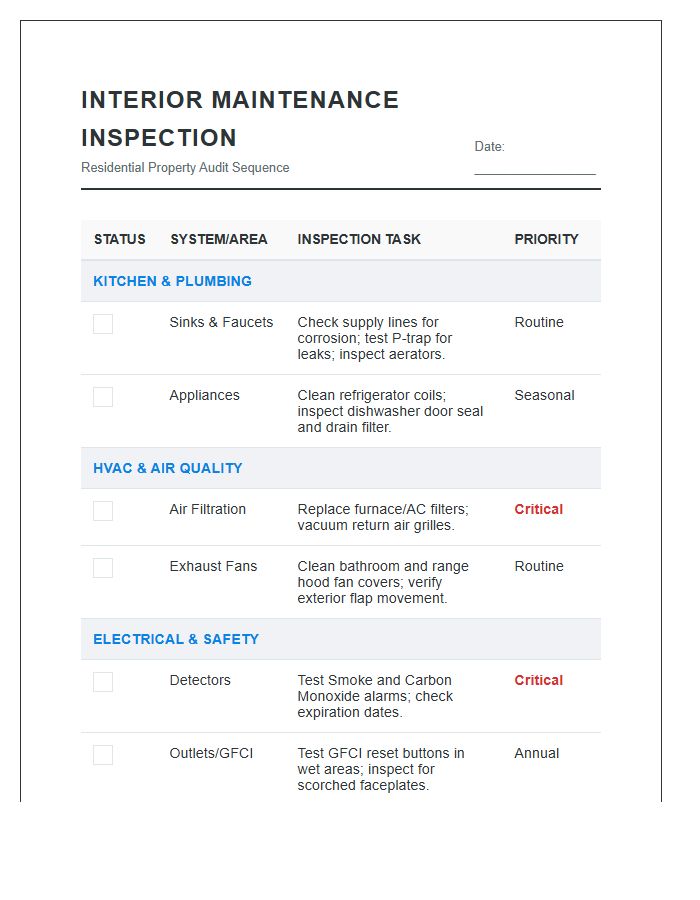 Interior Residential Maintenance Inspection Sequence Printable Chart