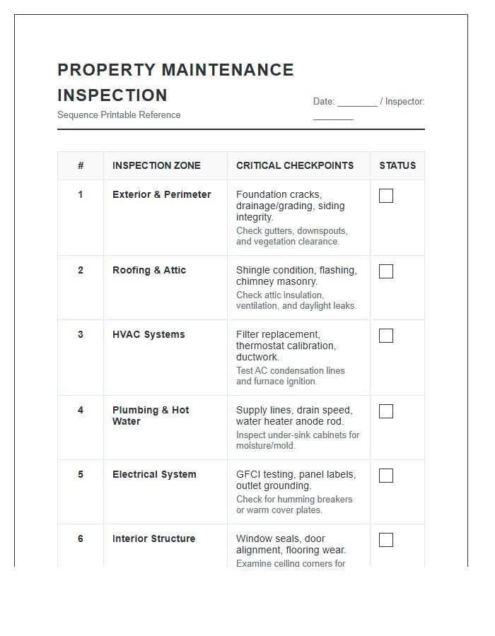 Master Property Maintenance Inspection Sequence Printable Chart