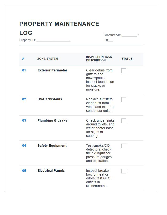 Monthly Property Maintenance Inspection Sequence Printable Chart