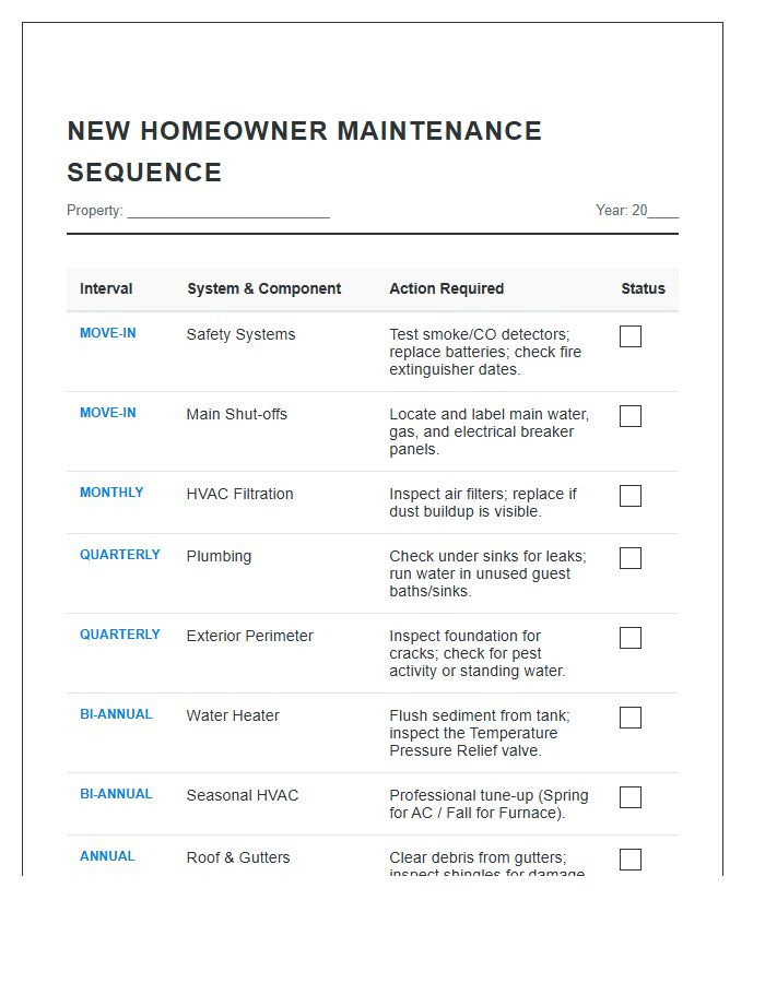New Homeowner Inspection Sequence Maintenance Printable Chart