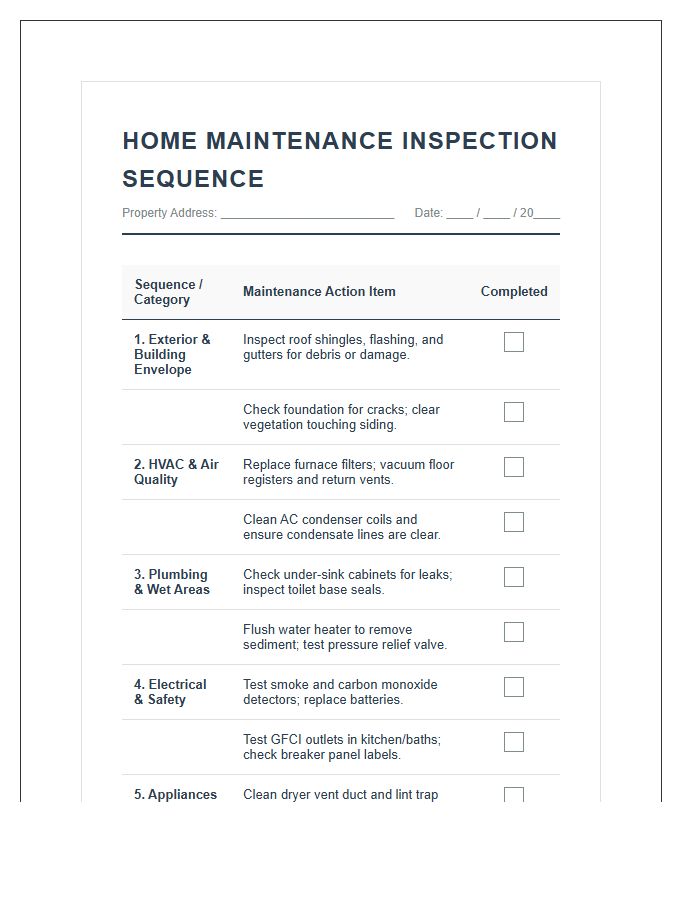 Preventive Home Maintenance Inspection Sequence Printable Chart