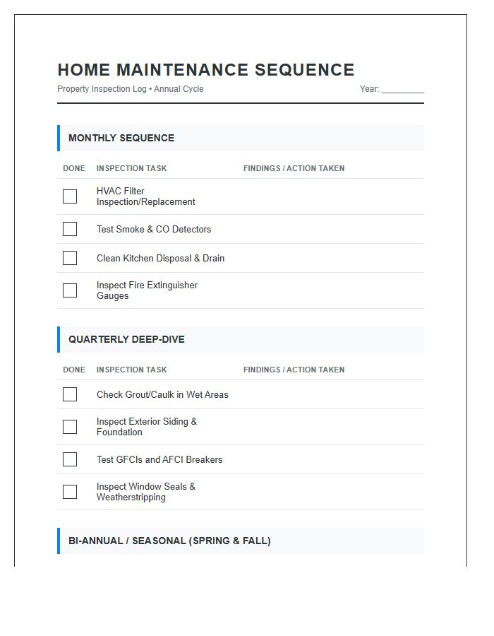 Printable Home Maintenance Inspection Sequence Chart Checklist