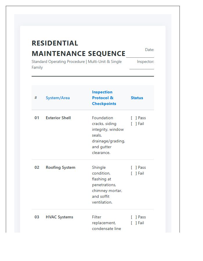 Professional Residential Maintenance Inspection Sequence Printable Chart