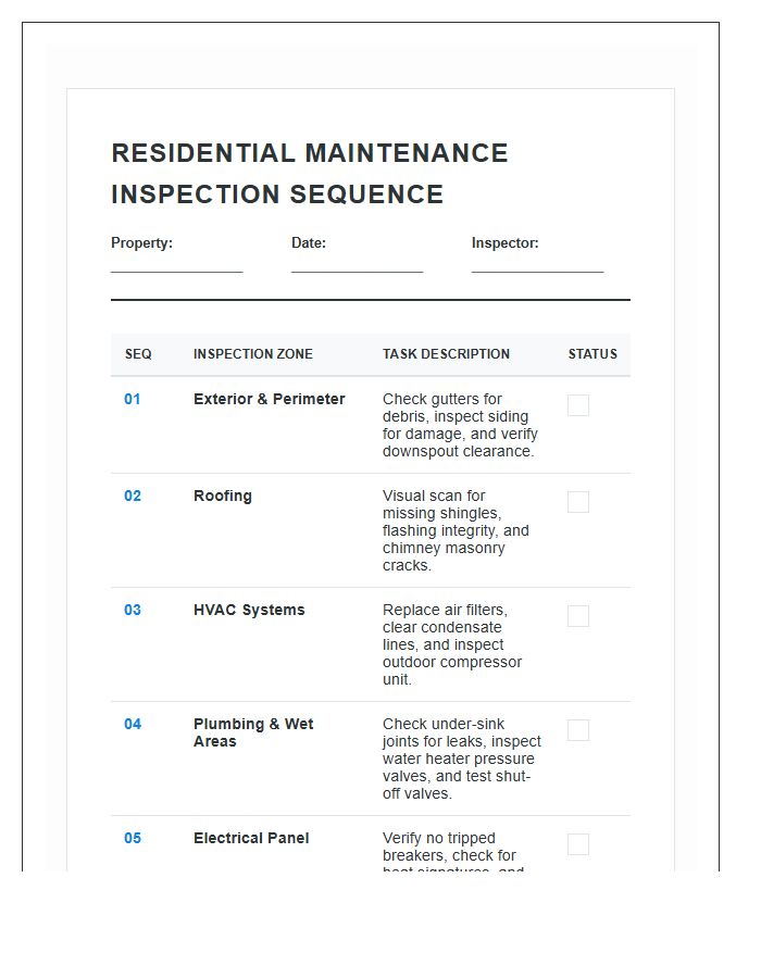 Routine Residential Maintenance Inspection Sequence Printable Chart