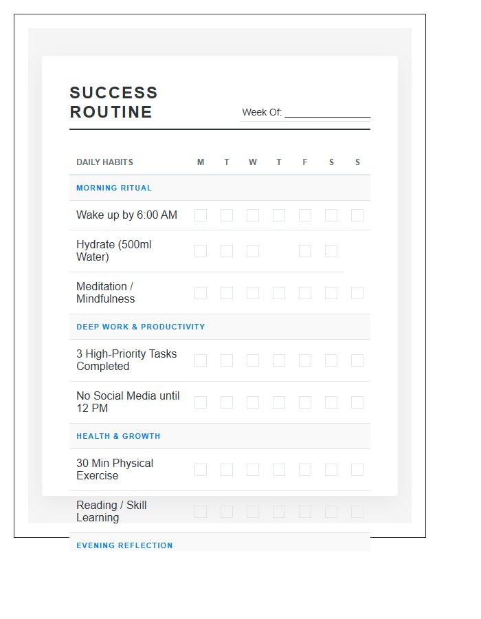 Daily Success Routine Printable Habit Checklist Chart