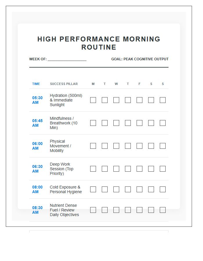 High Performance Morning Routine Printable Success Checklist Chart