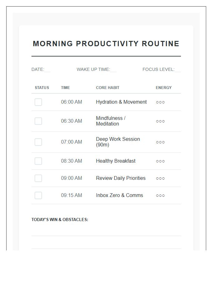 Morning Productivity Routine Printable Success Checklist Chart