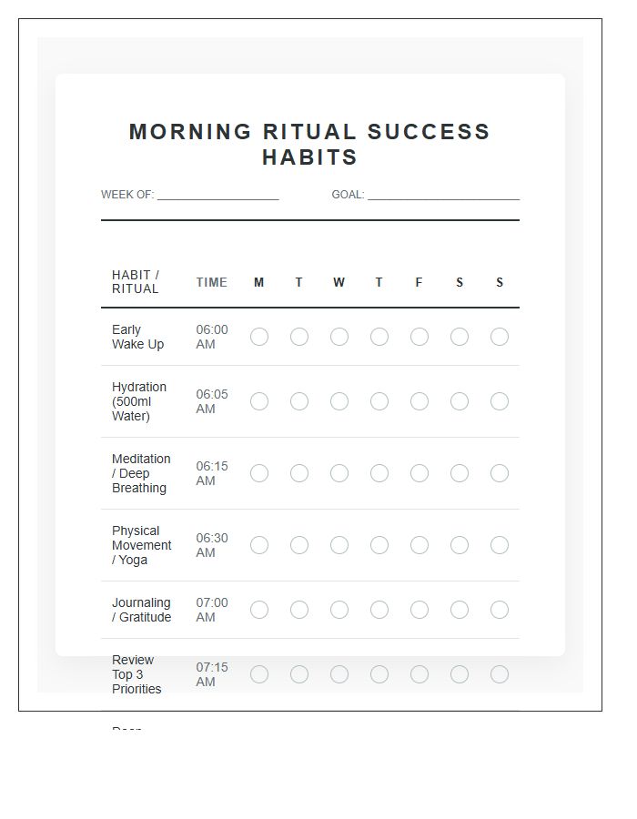 Morning Ritual Success Habits Printable Checklist Chart