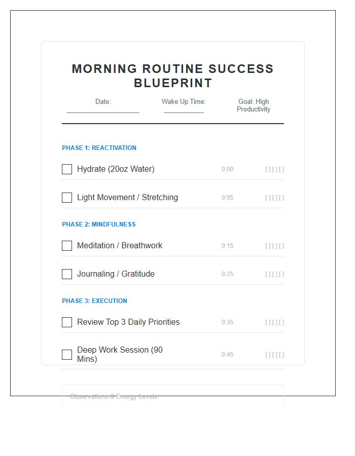 Morning Routine Success Blueprint Printable Checklist Chart